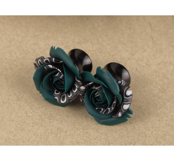 Teal rose ear plugs with black and white print Unique earrings for stretched ears Gauges and tunnels Handmade
