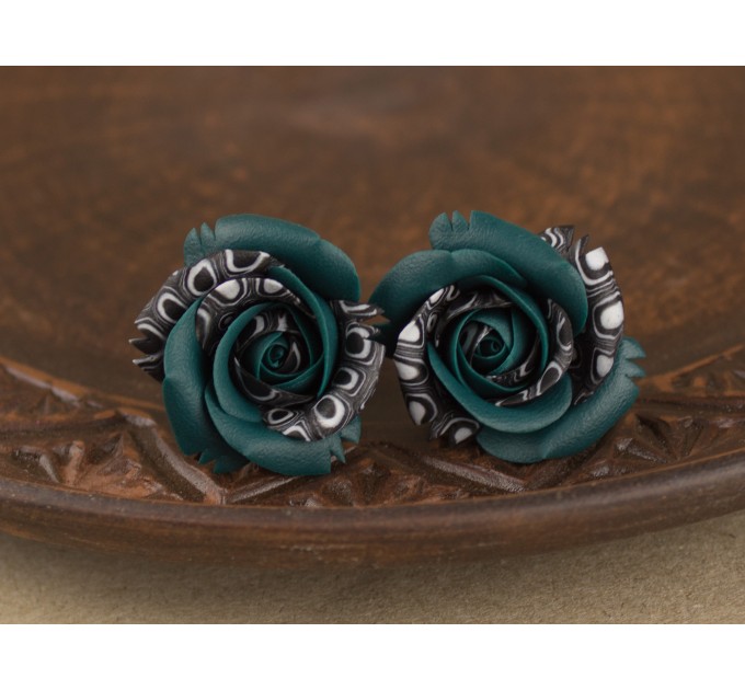 Teal rose ear plugs with black and white print Unique earrings for stretched ears Gauges and tunnels Handmade