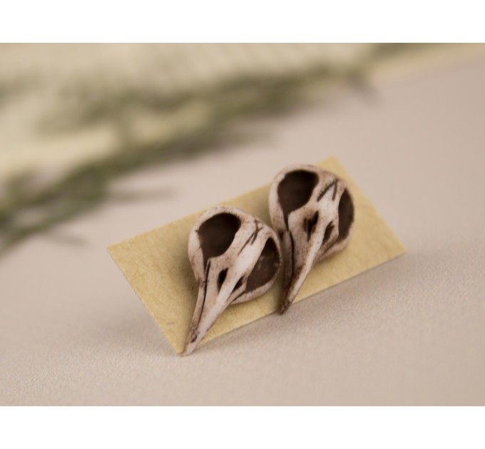 Tiny bird skull stud earrings Raven skeleton Halloween jewelry Gothic Witchcraft Pagan Wiccan Dark aesthetic lover gift Handmade 