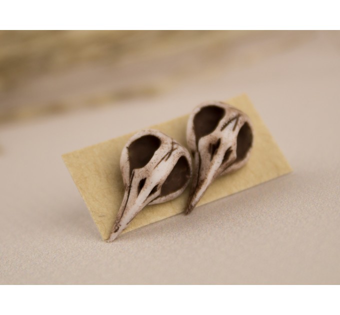Tiny bird skull stud earrings Raven skeleton Halloween jewelry Gothic Witchcraft Pagan Wiccan Dark aesthetic lover gift Handmade 