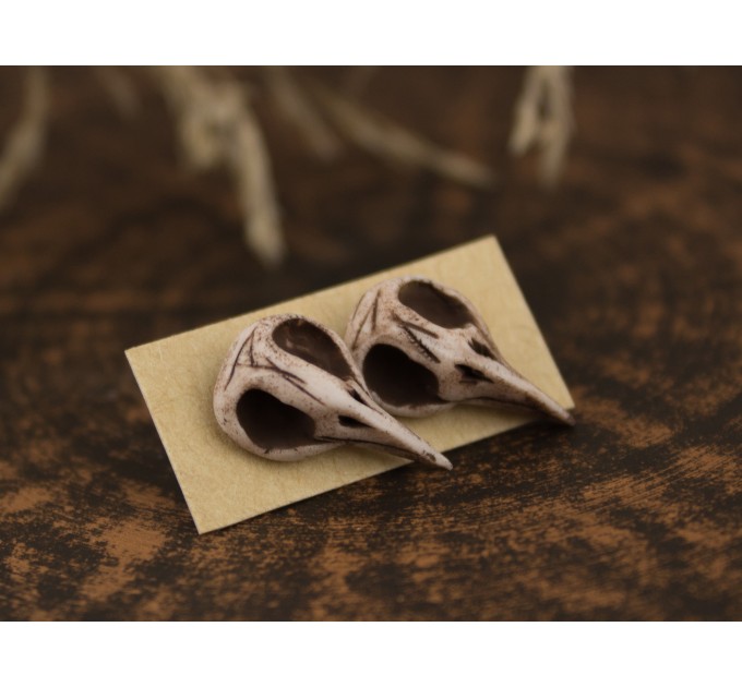 Tiny bird skull stud earrings Raven skeleton Halloween jewelry Gothic Witchcraft Pagan Wiccan Dark aesthetic lover gift Handmade 