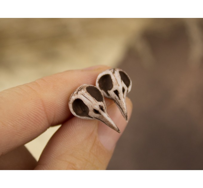 Tiny bird skull stud earrings Raven skeleton Halloween jewelry Gothic Witchcraft Pagan Wiccan Dark aesthetic lover gift Handmade 
