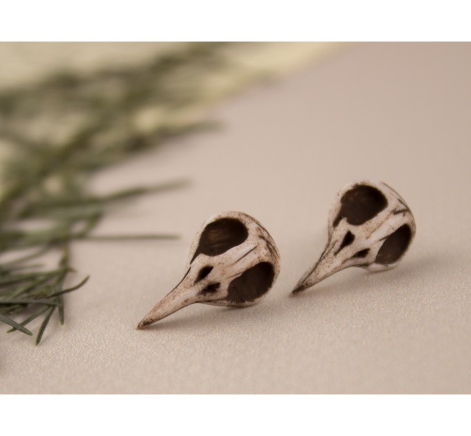 Tiny bird skull stud earrings Raven skeleton Halloween jewelry Gothic Witchcraft Pagan Wiccan Dark aesthetic lover gift Handmade 