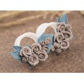 Beige rose gauges for wedding Dusty blue floral ear tunnels Bridal plugs Stretched earlobes jewelry Custom colors
