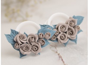 Beige dusty blue rose ear tunnels 12 – 25mm