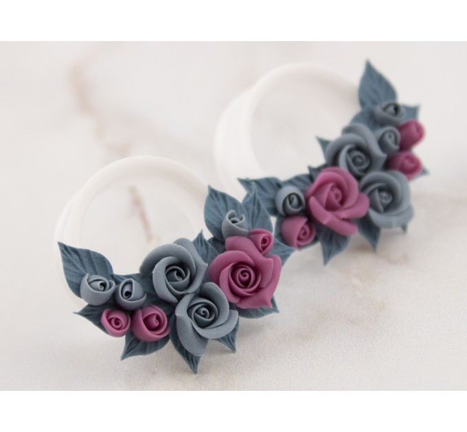 Dusty blue and pink bridal ear tunnels for stretched earlobes Wedding gauges Floral plug earrings Custom color scheme