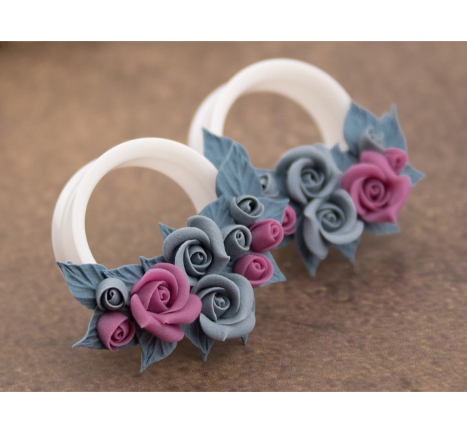 Dusty blue and pink bridal ear tunnels for stretched earlobes Wedding gauges Floral plug earrings Custom color scheme