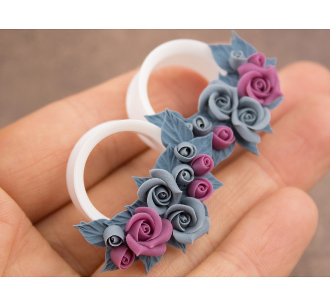 Dusty blue and pink bridal ear tunnels for stretched earlobes Wedding gauges Floral plug earrings Custom color scheme