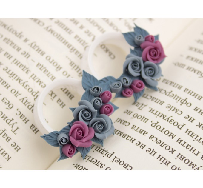 Dusty blue and pink bridal ear tunnels for stretched earlobes Wedding gauges Floral plug earrings Custom color scheme
