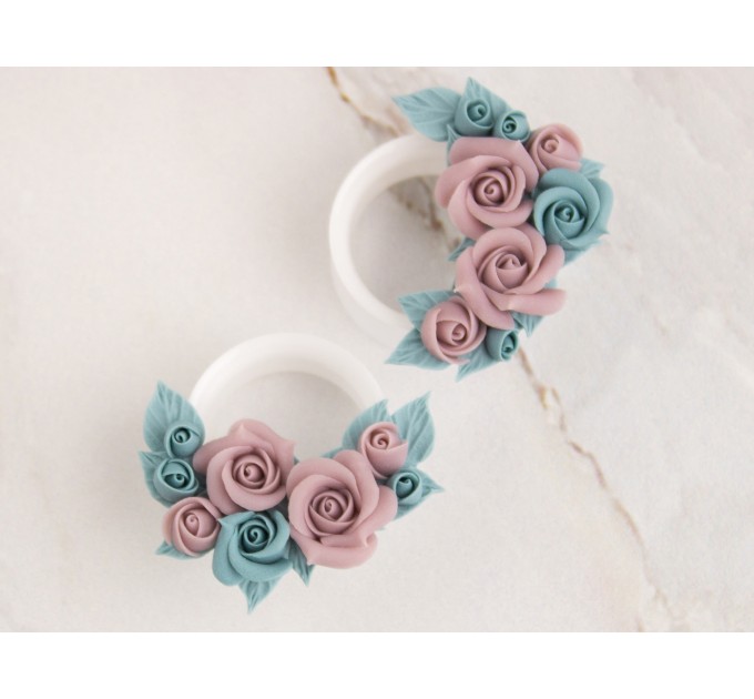 Custom color wedding earrings for stretched ears Tiny rose ear plugs Floral gauges for bride Handmade