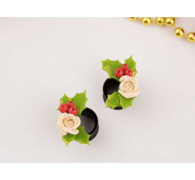 Christmas earrings for stretched ears Holly berry and beige rose gauges Xmas tunnels and plugs Handmade