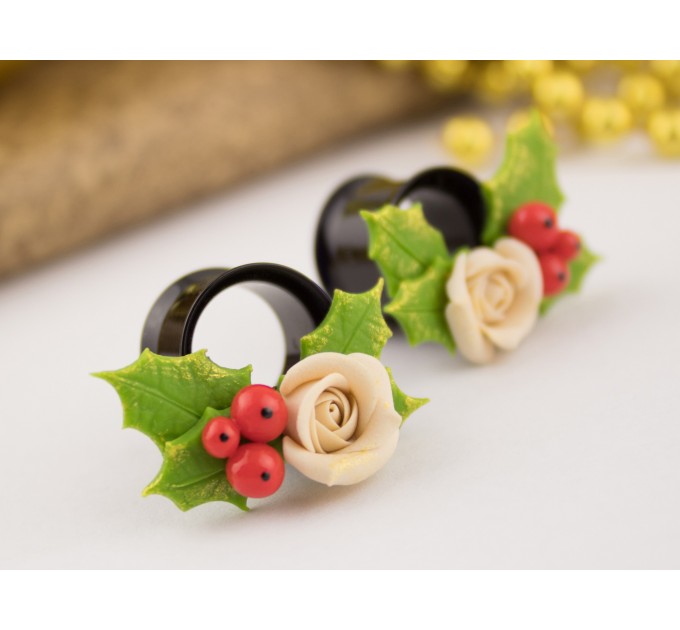 Christmas earrings for stretched ears Holly berry and beige rose gauges Xmas tunnels and plugs Handmade