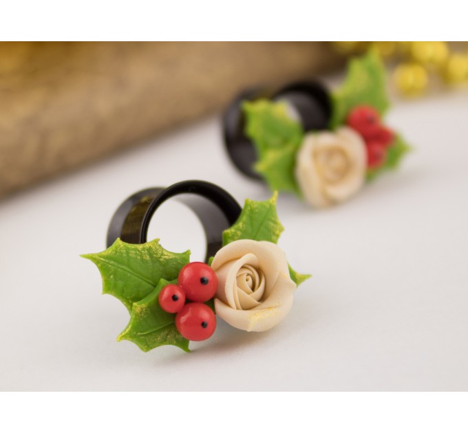 Christmas earrings for stretched ears Holly berry and beige rose gauges Xmas tunnels and plugs Handmade