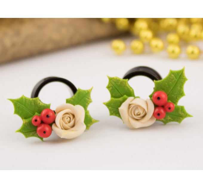 Christmas earrings for stretched ears Holly berry and beige rose gauges Xmas tunnels and plugs Handmade