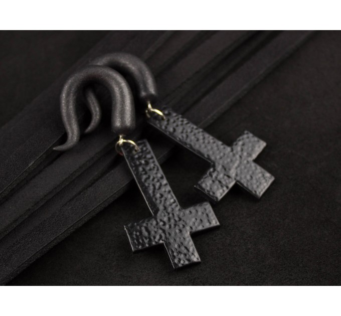Gothic earrings for gauged ears 5-14mm Black inverted cross Witchcraft Halloween plugs and tunnels Metalhead gift Satanic 