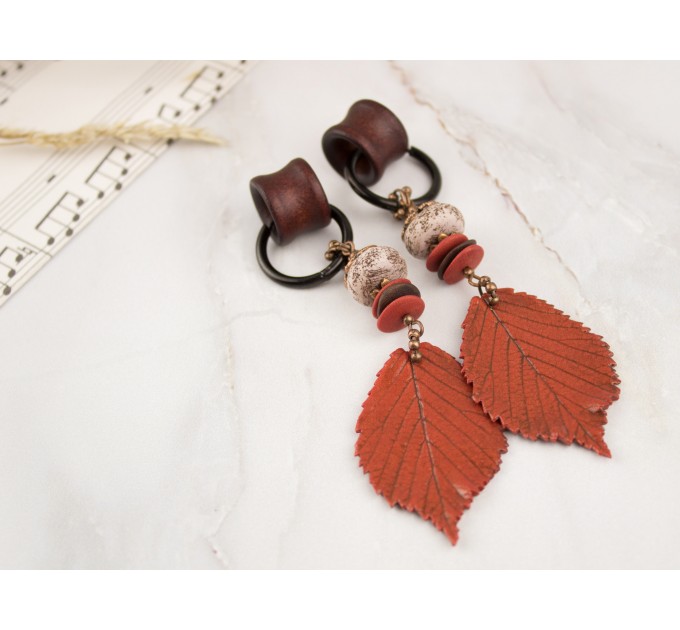 Extra long ear plugs Wooden tunnels with realistic orange leaves Bohemian jewelry for stretched ears