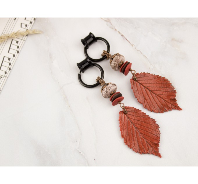 Extra long ear plugs Wooden tunnels with realistic orange leaves Bohemian jewelry for stretched ears