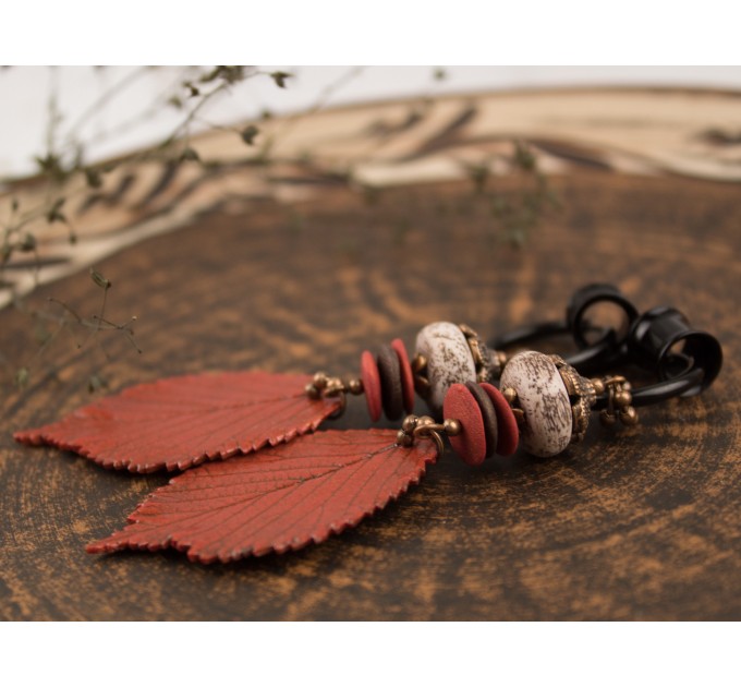 Extra long ear plugs Wooden tunnels with realistic orange leaves Bohemian jewelry for stretched ears