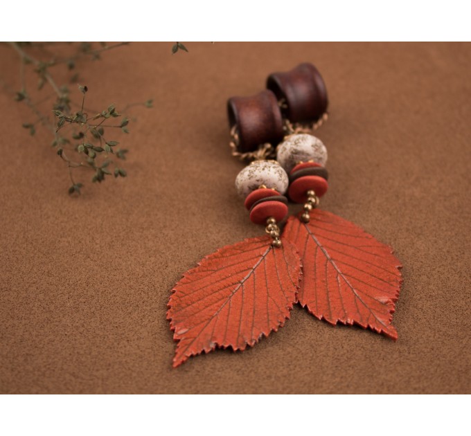 Extra long ear plugs Wooden tunnels with realistic orange leaves Bohemian jewelry for stretched ears