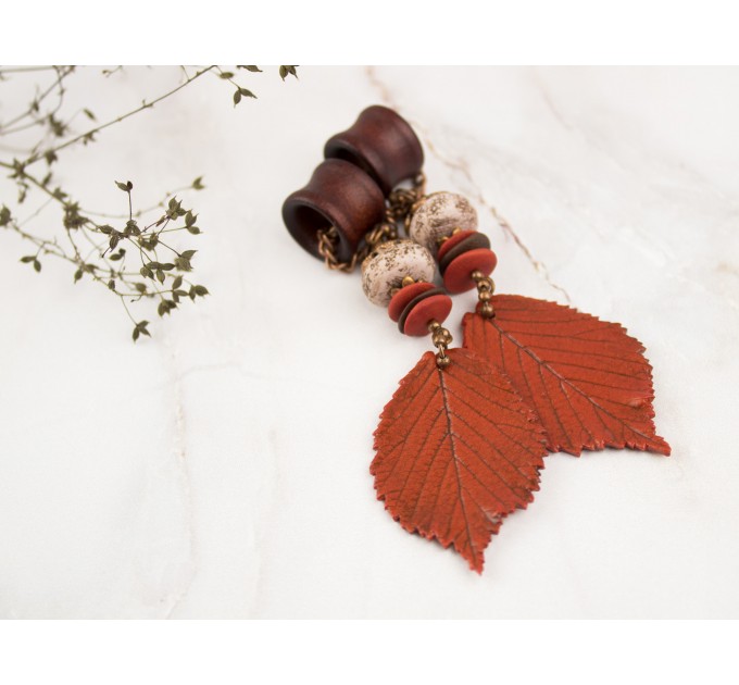 Extra long ear plugs Wooden tunnels with realistic orange leaves Bohemian jewelry for stretched ears