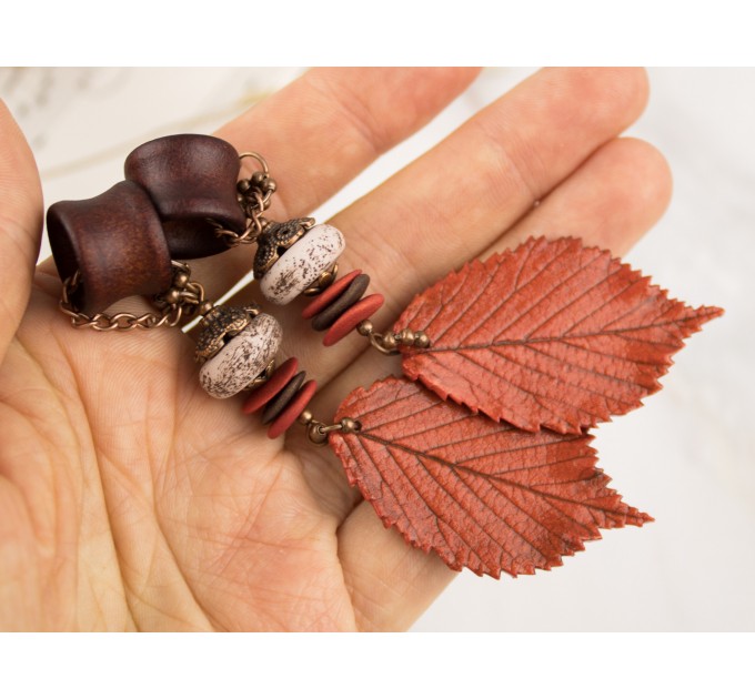 Extra long ear plugs Wooden tunnels with realistic orange leaves Bohemian jewelry for stretched ears