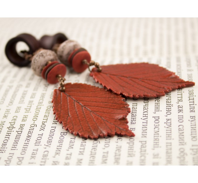 Extra long ear plugs Wooden tunnels with realistic orange leaves Bohemian jewelry for stretched ears