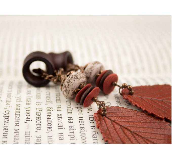 Extra long ear plugs Wooden tunnels with realistic orange leaves Bohemian jewelry for stretched ears