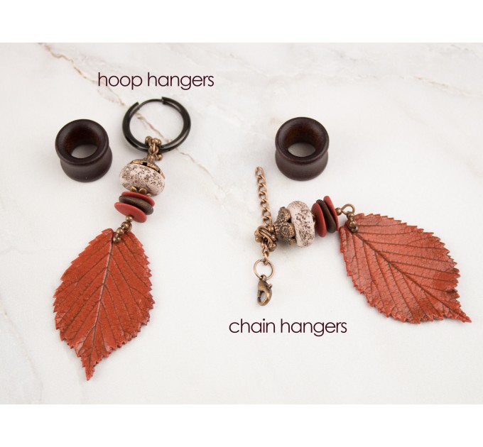 Extra long ear plugs Wooden tunnels with realistic orange leaves Bohemian jewelry for stretched ears