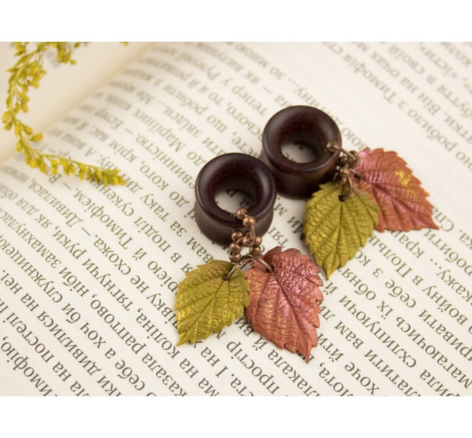 Autumn earrings for gauged earlobes Orange yellow leaf dangle plugs Ear tunnels Thanksgiving jewelry 