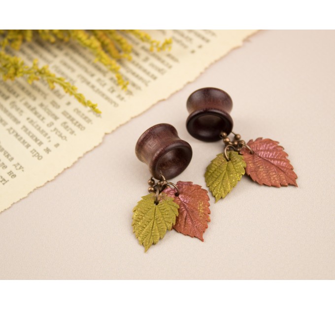 Autumn earrings for gauged earlobes Orange yellow leaf dangle plugs Ear tunnels Thanksgiving jewelry 