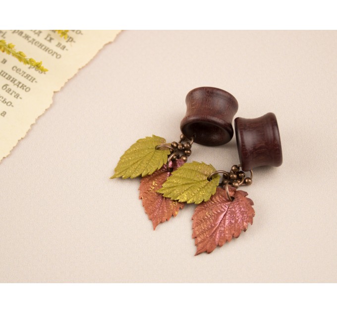 Autumn earrings for gauged earlobes Orange yellow leaf dangle plugs Ear tunnels Thanksgiving jewelry 