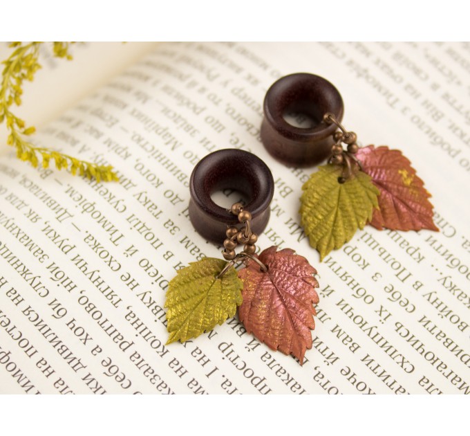 Autumn earrings for gauged earlobes Orange yellow leaf dangle plugs Ear tunnels Thanksgiving jewelry 