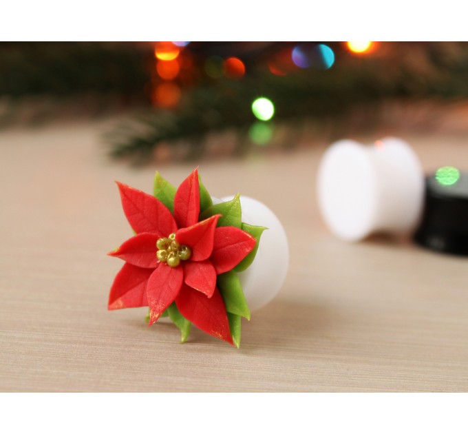 Poinsettia ear plugs Xmas gauges Christmas jewelry for stretched earlobes Holiday tunnel earrings handmade