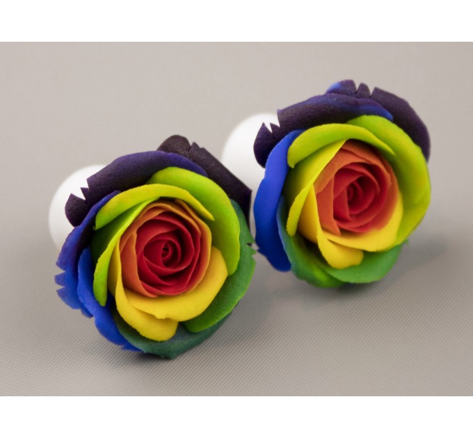Rainbow flower earrings for stretched earlobes LGBTQ+ wedding jewelry Colorful rose ear plugs and tunnels