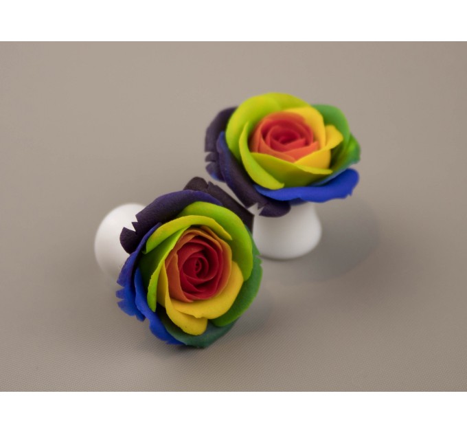 Rainbow flower earrings for stretched earlobes LGBTQ+ wedding jewelry Colorful rose ear plugs and tunnels