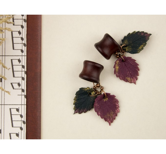 Dangle wooden tunnels with burgundy and teal leaves Autumn jewelry for stretched ears Plugs and gauges Handmade