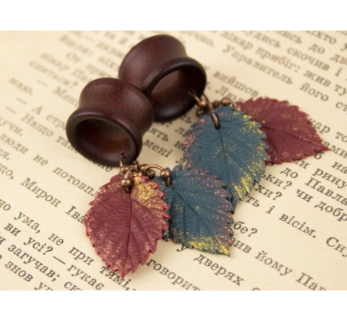 Dangle wooden tunnels with burgundy and teal leaves Autumn jewelry for stretched ears Plugs and gauges Handmade