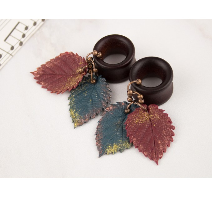 Dangle wooden tunnels with burgundy and teal leaves Autumn jewelry for stretched ears Plugs and gauges Handmade