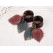 Dangle wooden tunnels with burgundy and teal leaves Autumn jewelry for stretched ears Plugs and gauges Handmade