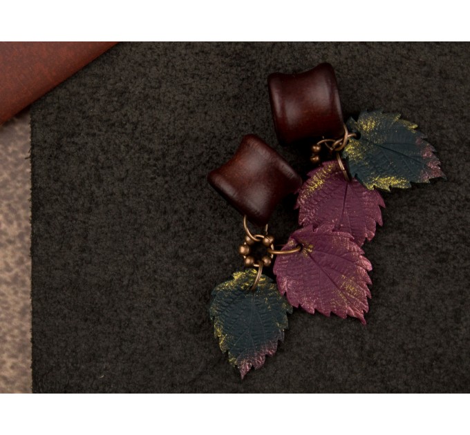 Dangle wooden tunnels with burgundy and teal leaves Autumn jewelry for stretched ears Plugs and gauges Handmade
