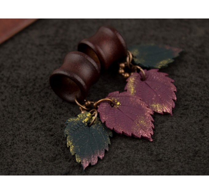 Dangle wooden tunnels with burgundy and teal leaves Autumn jewelry for stretched ears Plugs and gauges Handmade