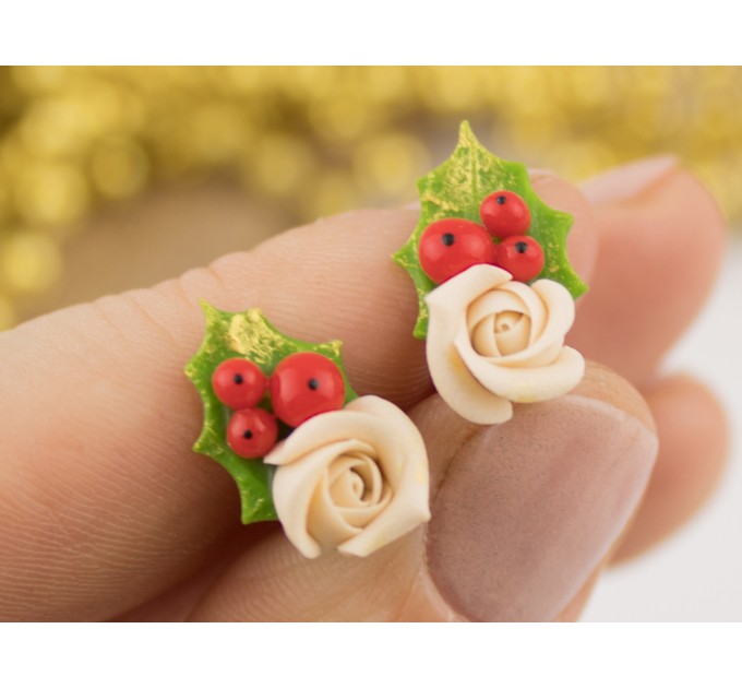 Cute Xmas earrings Tiny beige rose and Holly berry Christmas gift idea Holiday party jewelry