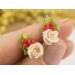 Cute Xmas earrings Tiny beige rose and Holly berry Christmas gift idea Holiday party jewelry