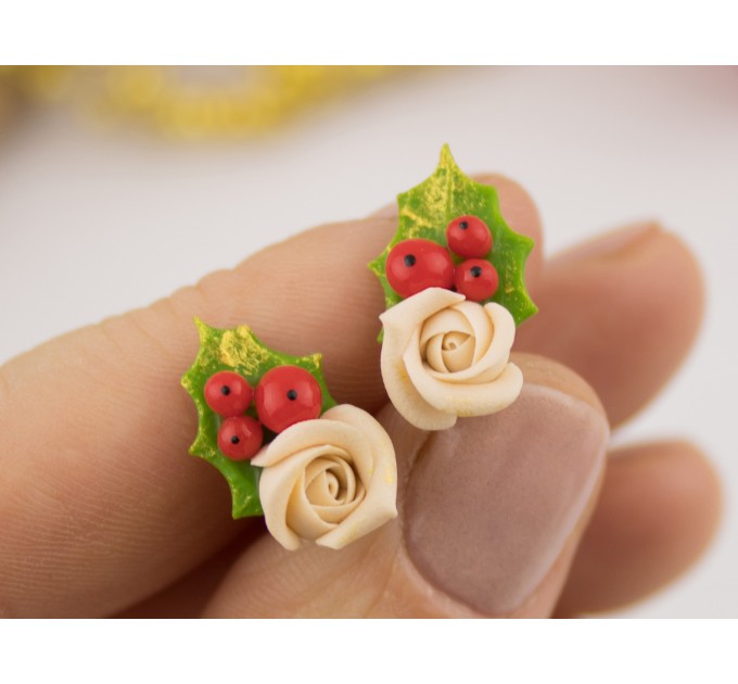 Cute Xmas earrings Tiny beige rose and Holly berry Christmas gift idea Holiday party jewelry