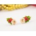 Cute Xmas earrings Tiny beige rose and Holly berry Christmas gift idea Holiday party jewelry