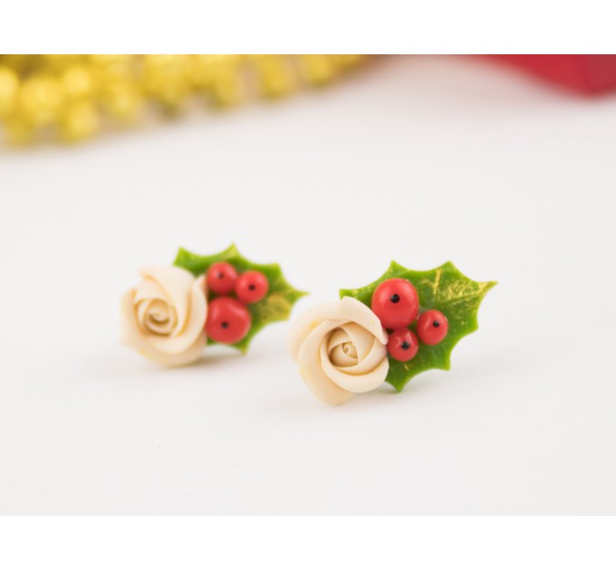 Cute Xmas earrings Tiny beige rose and Holly berry Christmas gift idea Holiday party jewelry