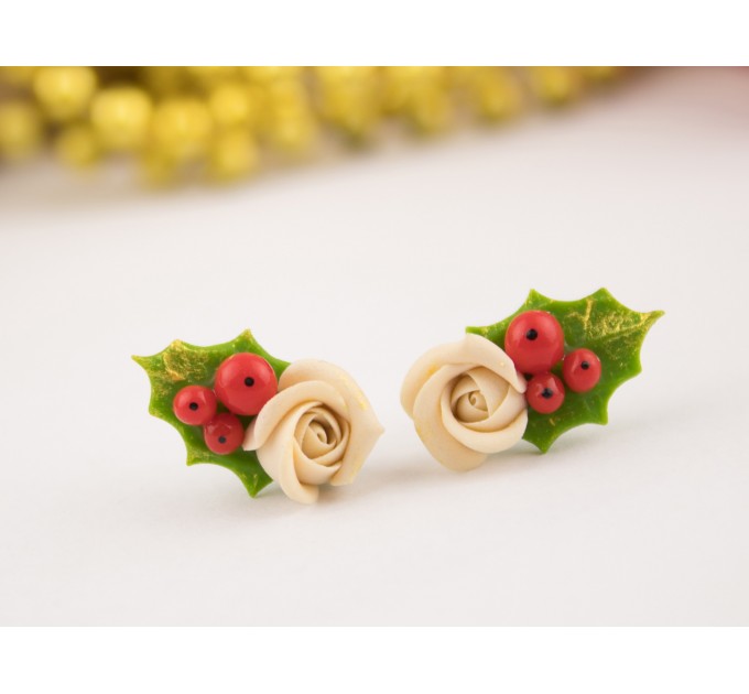 Cute Xmas earrings Tiny beige rose and Holly berry Christmas gift idea Holiday party jewelry