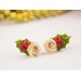 Cute Xmas earrings Tiny beige rose and Holly berry Christmas gift idea Holiday party jewelry