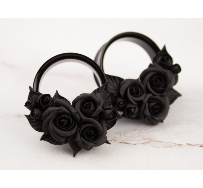 Handcrafted black rose ear tunnels for Goth weddings
