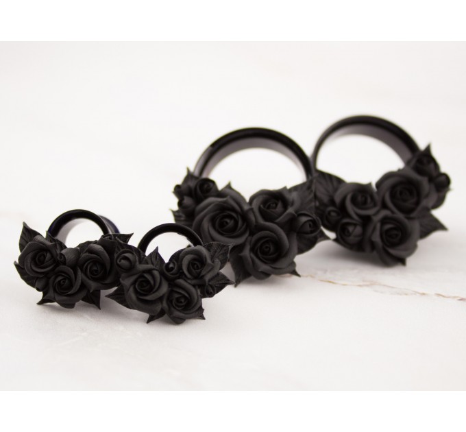 Handcrafted black rose ear tunnels for Goth weddings